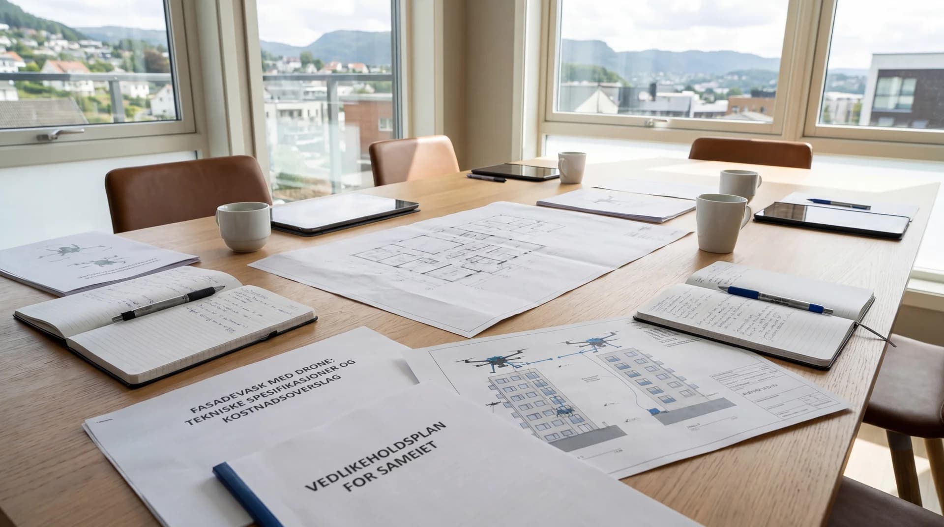 Styremøte med dokumenter og kravspesifikasjon for fasadevask spredt på bordet