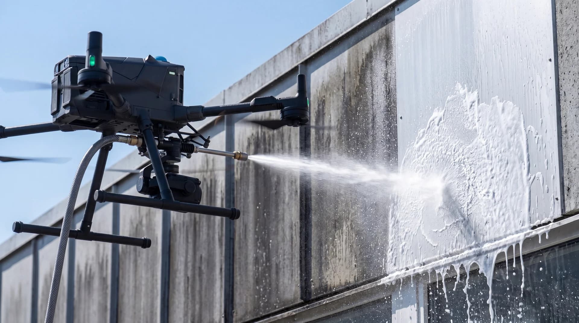 Industriell drone utfører presisjon fasadevask på næringsbygg uten behov for stillas eller arbeid i høyden