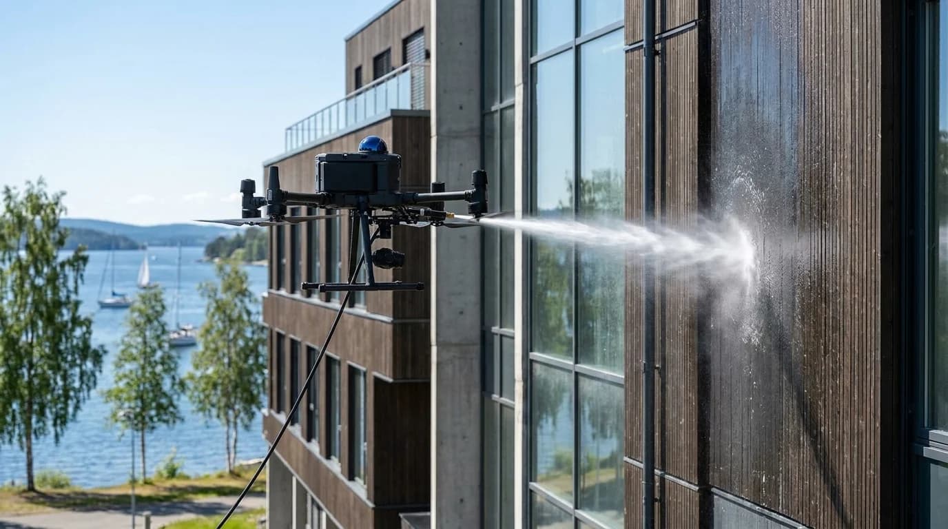 Dronetjenester i Vestfold og Telemark: fasadevask, takvask og inspeksjon