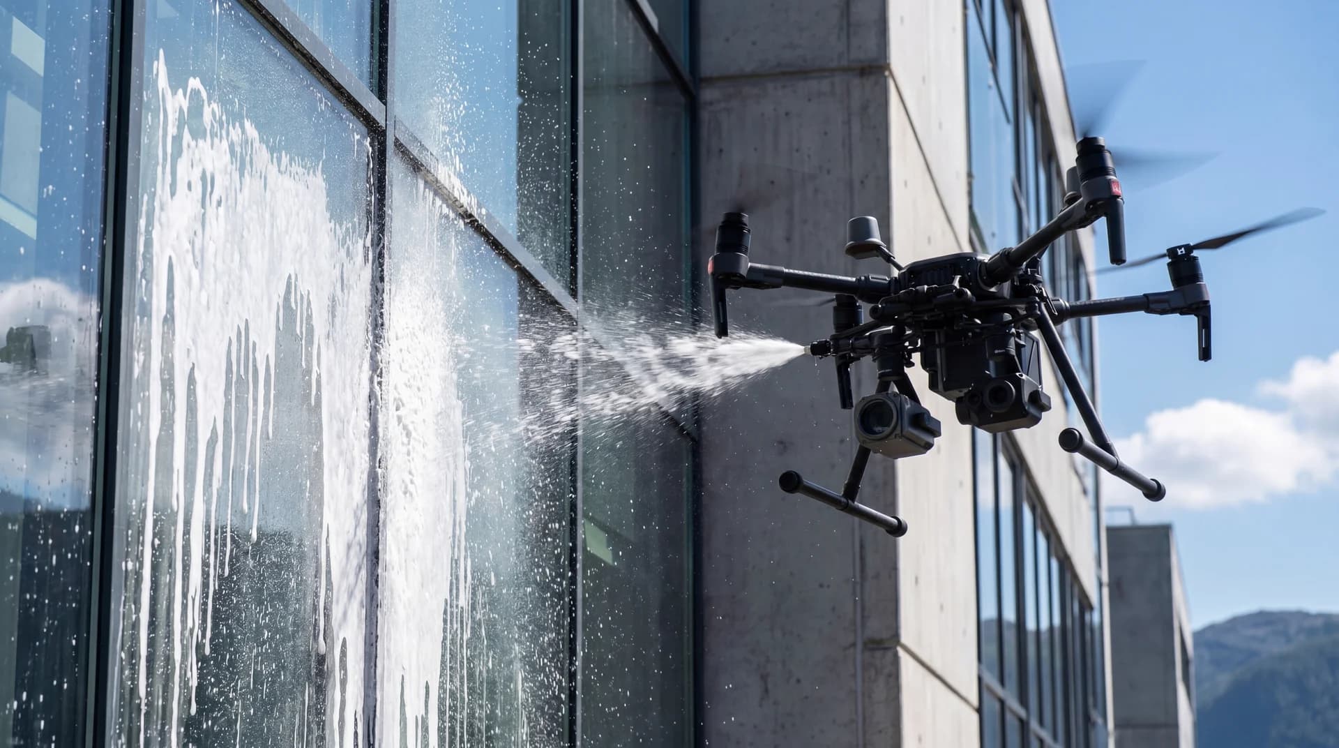 Dronevask av kontorbygg med moderne eiendomsteknologi