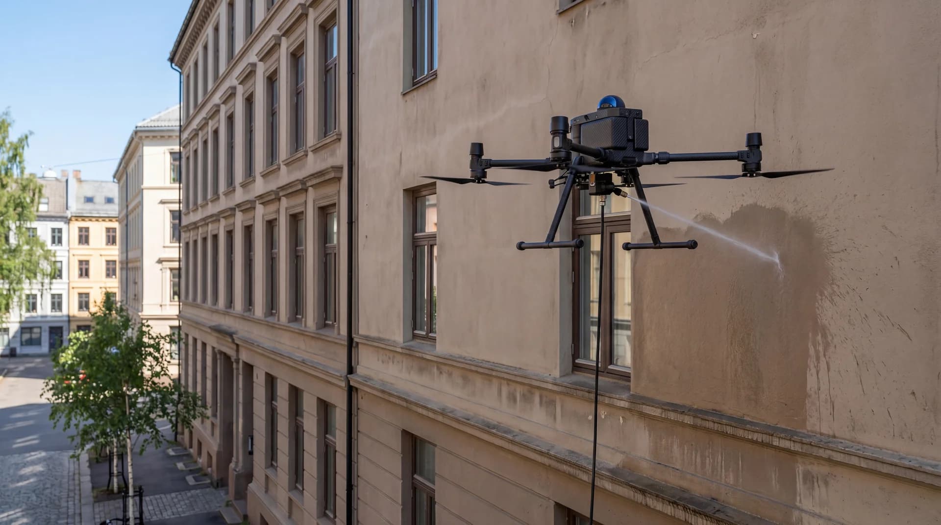 Dronevask av eldre bygård i Oslo med klassisk pussfasade
