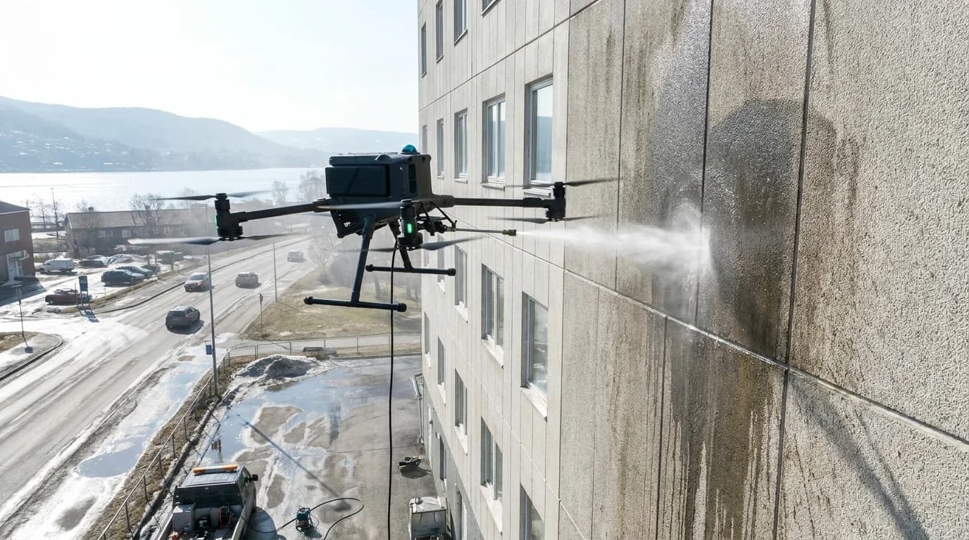 Dronevask av fasadevask på næringsbygg i Drammen