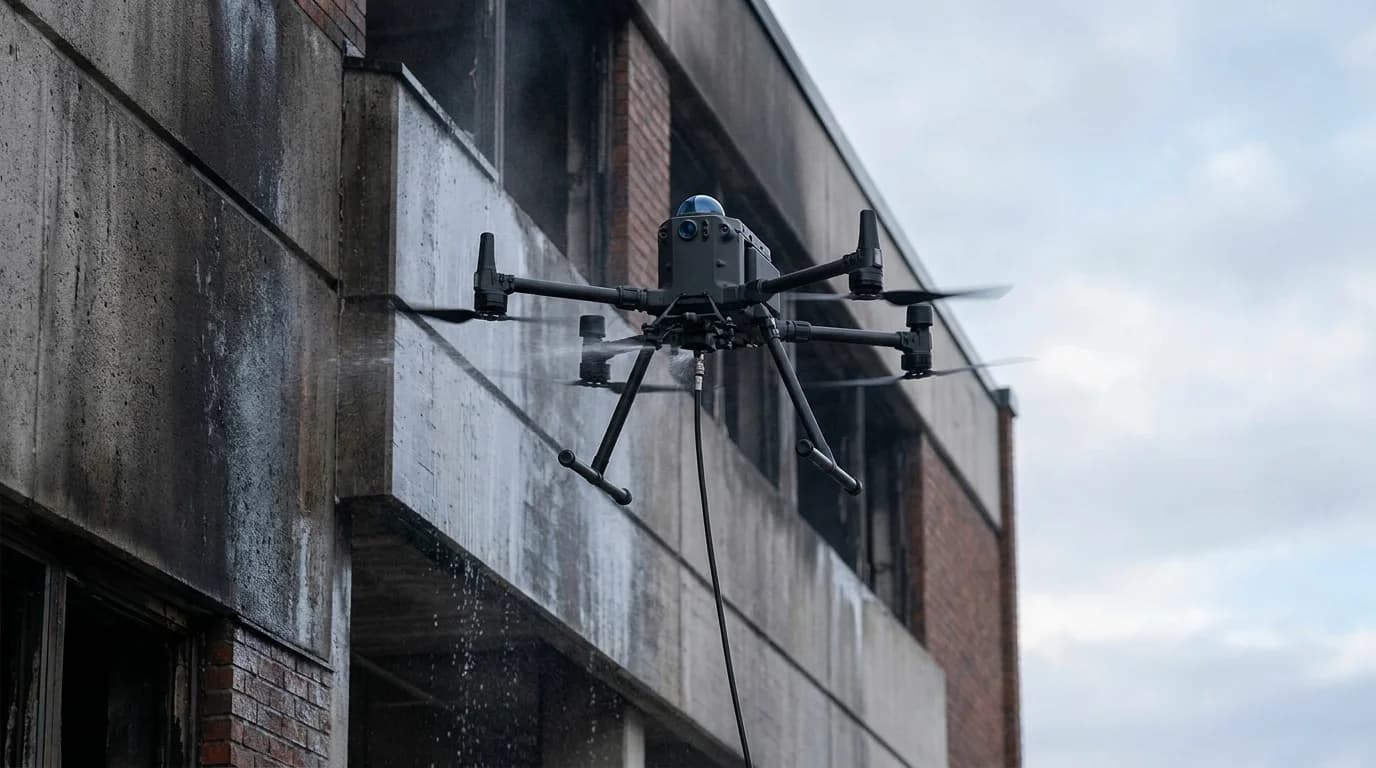 Dronebasert sotvask av brannskadet næringsbygg