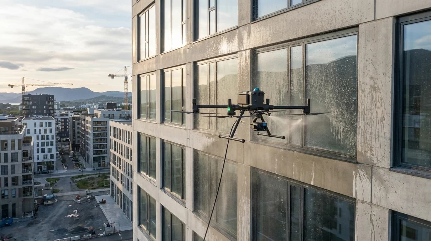 Dronevask av nybygd næringsbygg under byggvask