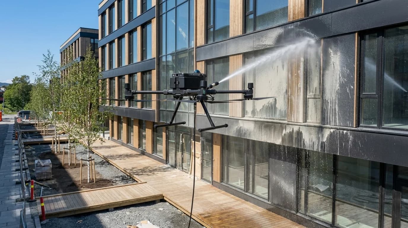 Fasadevask etter overlevering: byggvask av næringsbygg som klargjør for innflytting
