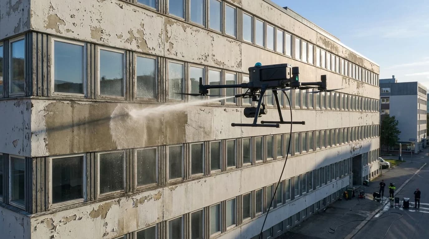 Dronevask som forbehandling før maling av næringsbygg