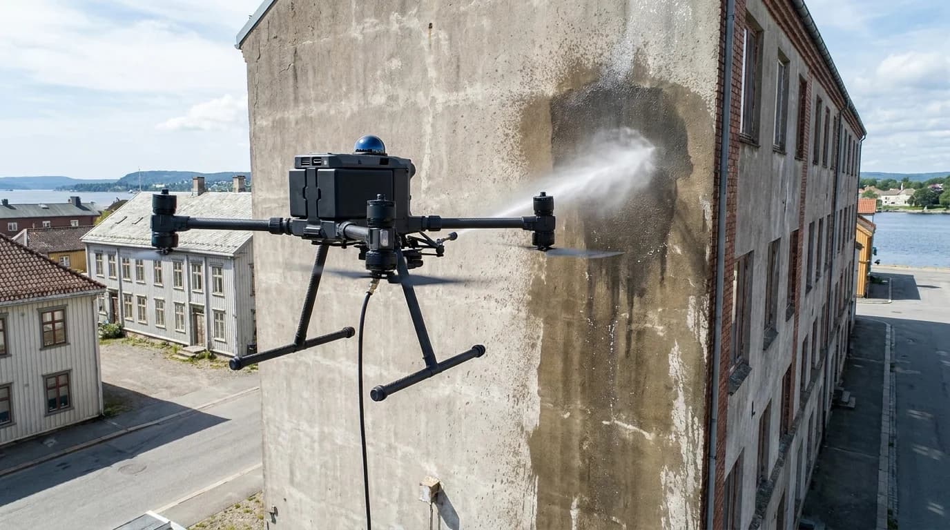 Dronevask av fasadevask på næringsbygg i Fredrikstad