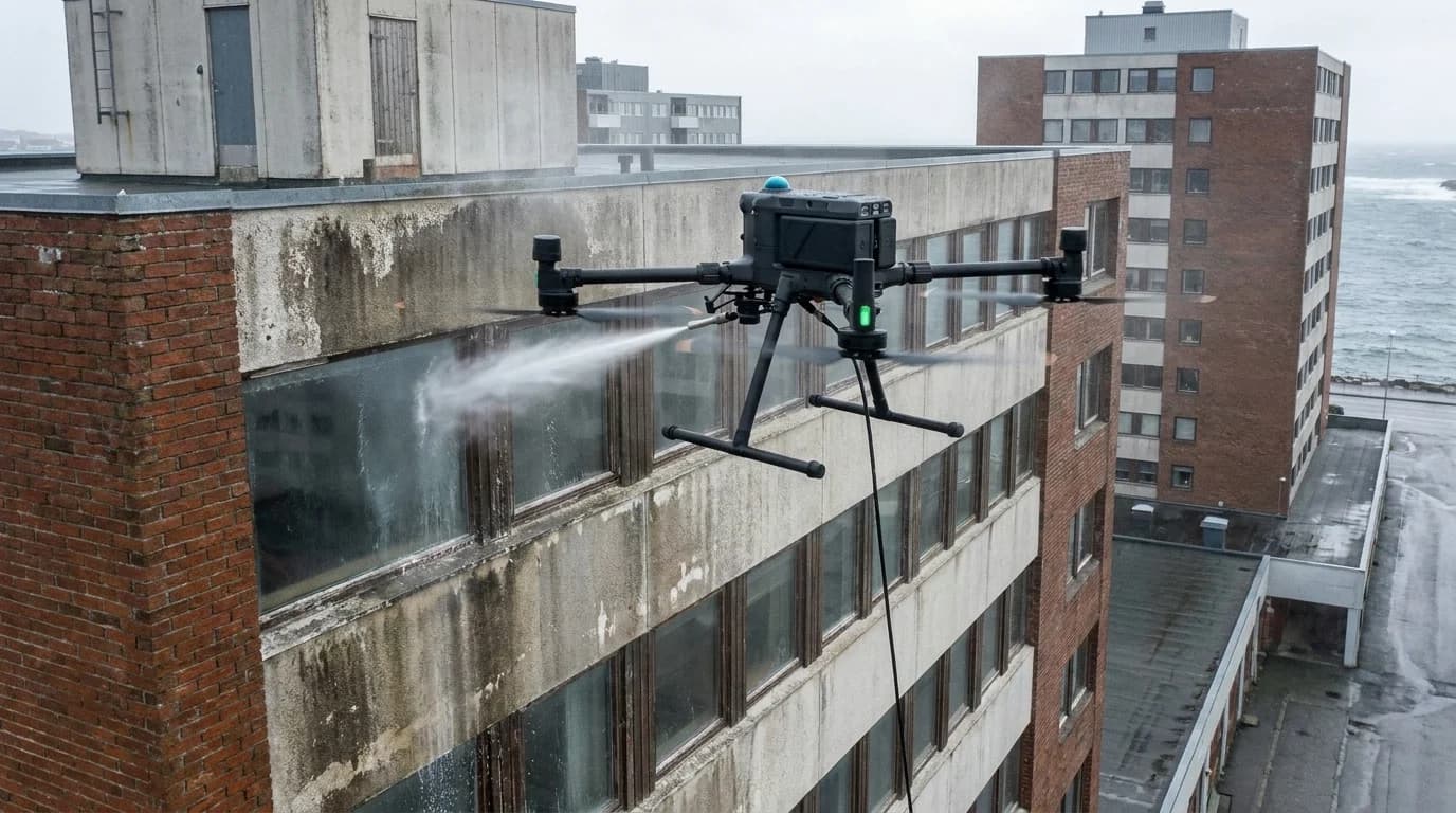 Dronevask av fasadevask på næringsbygg i Haugesund