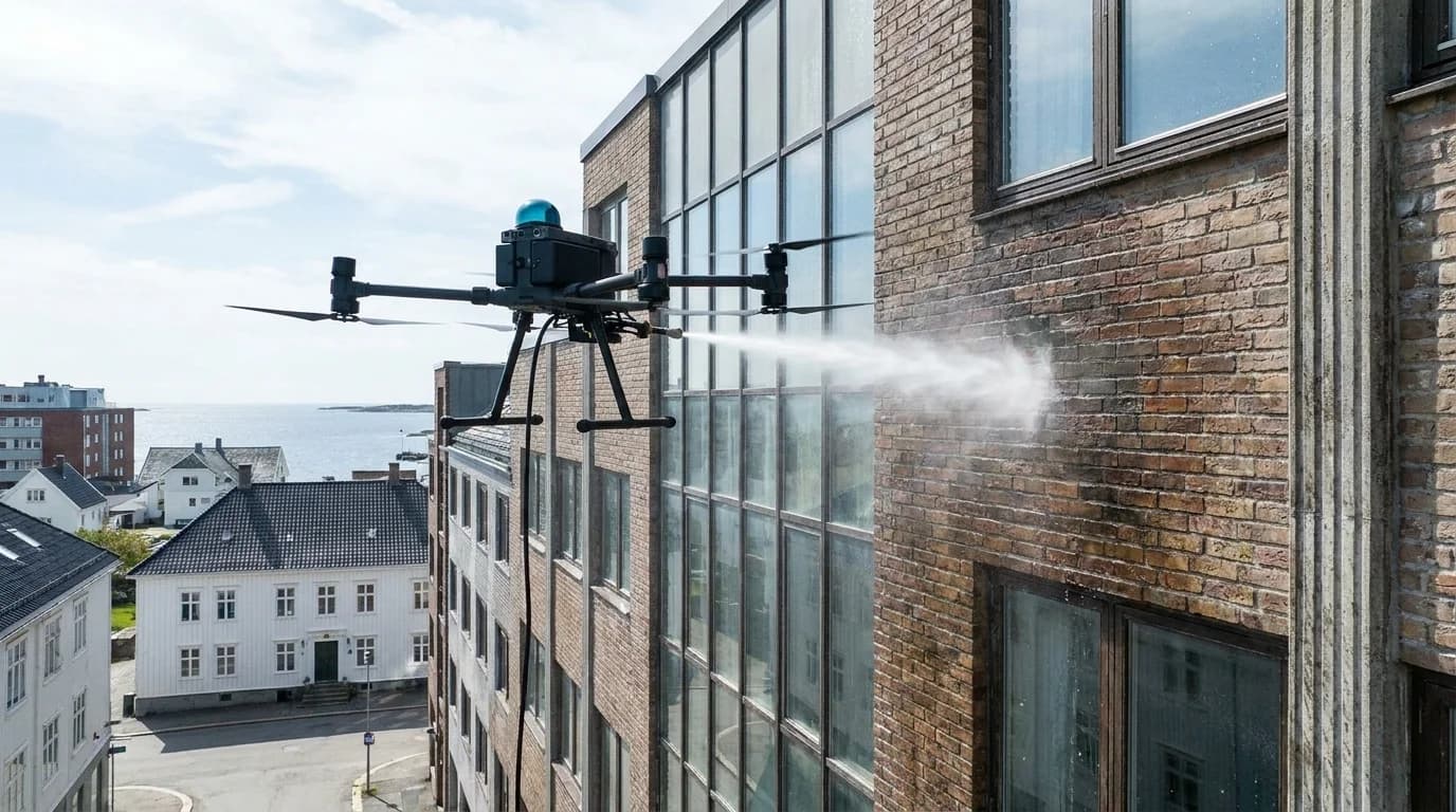 Dronevask av fasadevask på næringsbygg i Kristiansand