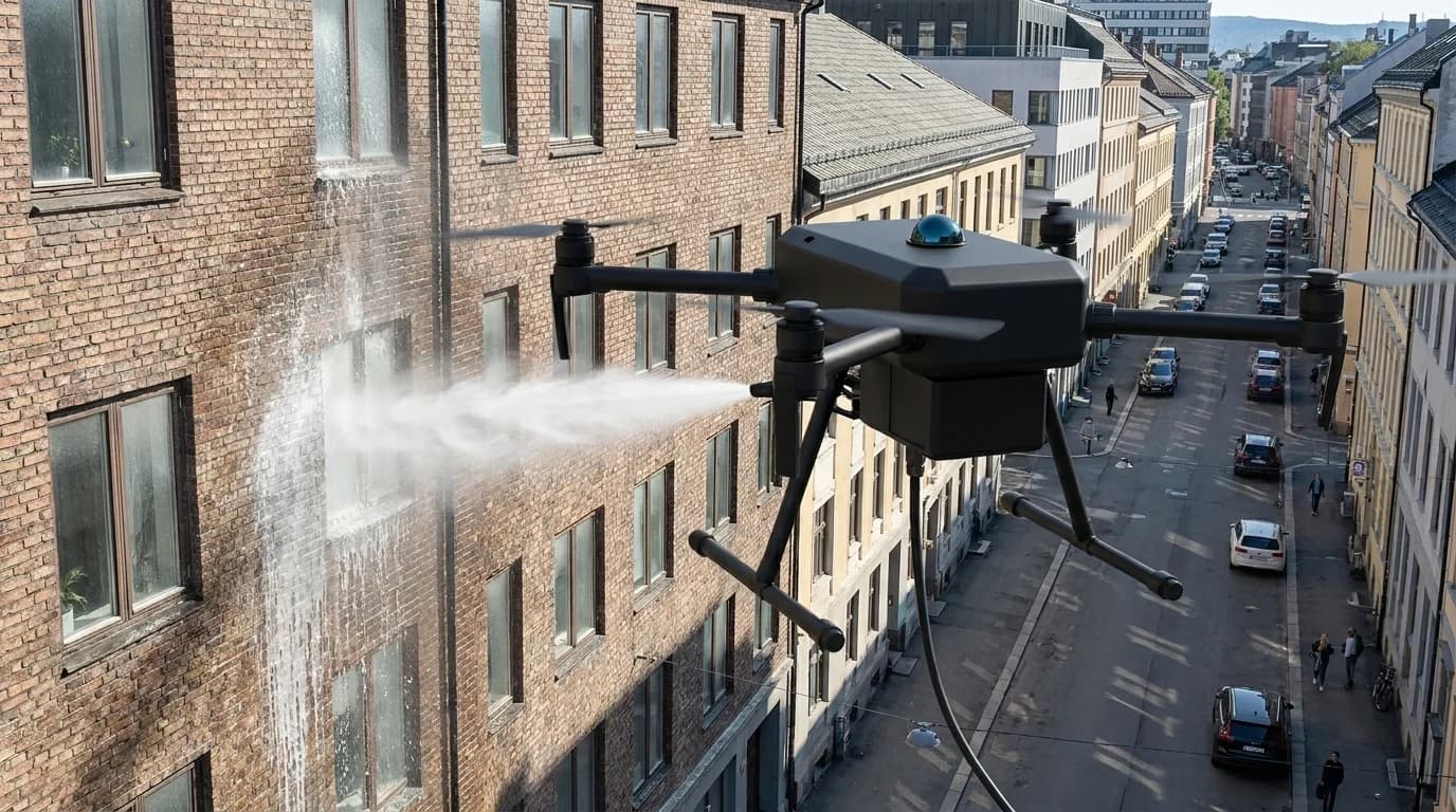 Fasadevask i Oslo på høyt leilighetsbygg med dronevask