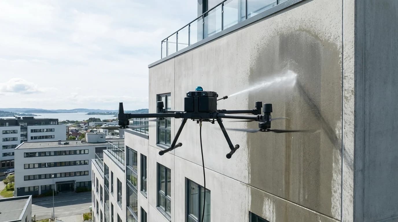 Dronevask av fasadevask på næringsbygg i Sandnes