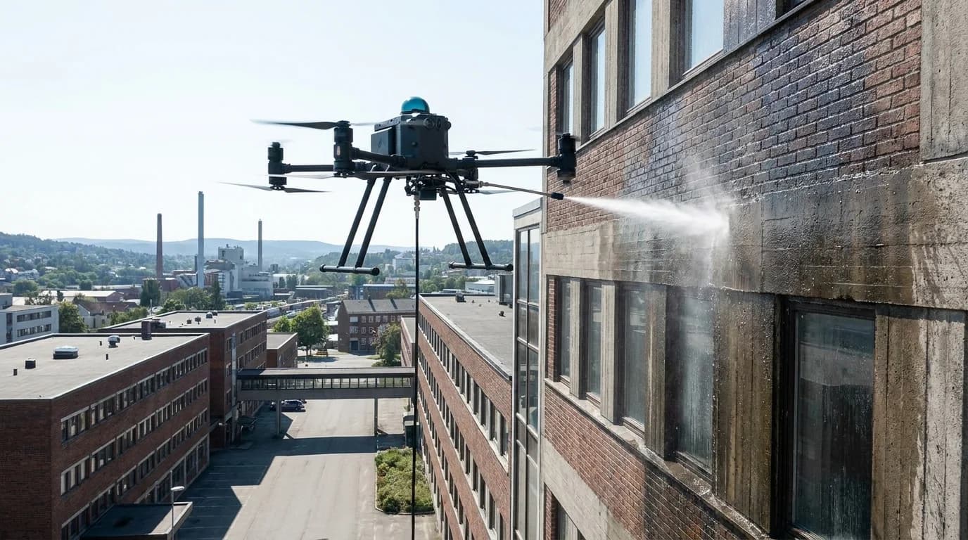 Dronevask av fasadevask på næringsbygg i Skien