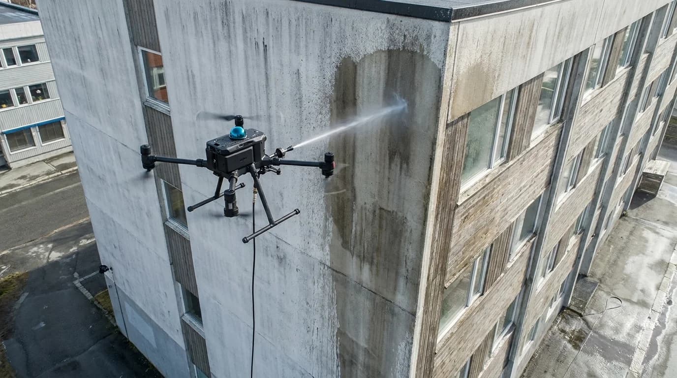 Dronevask av fasadevask på næringsbygg i Trondheim
