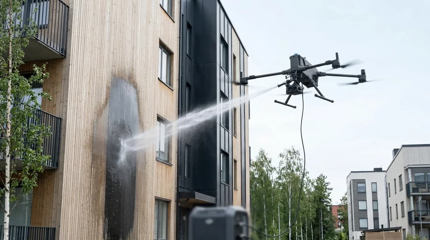 Fasadevask uten stillas: dronevask som tilkomstløsning