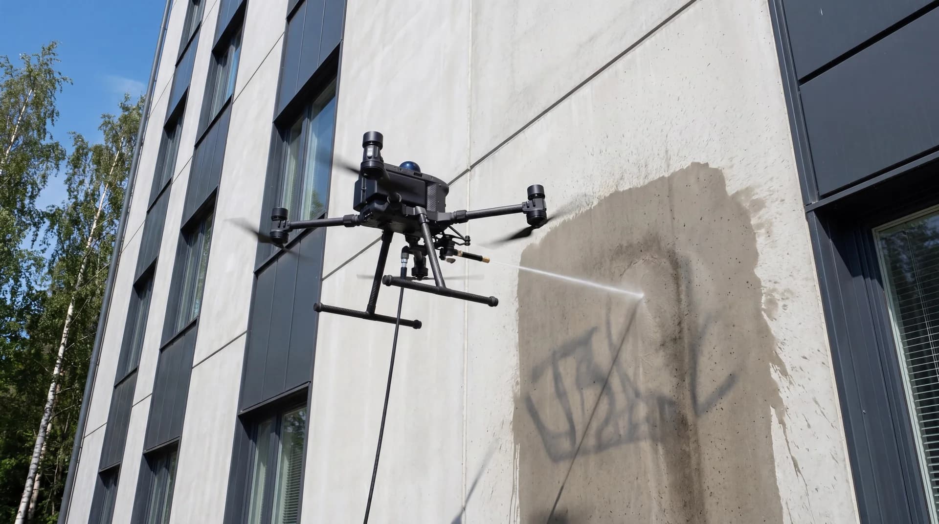 Dronevask spyler rene vannflater på fasade i en grafittifjerningsoperasjon