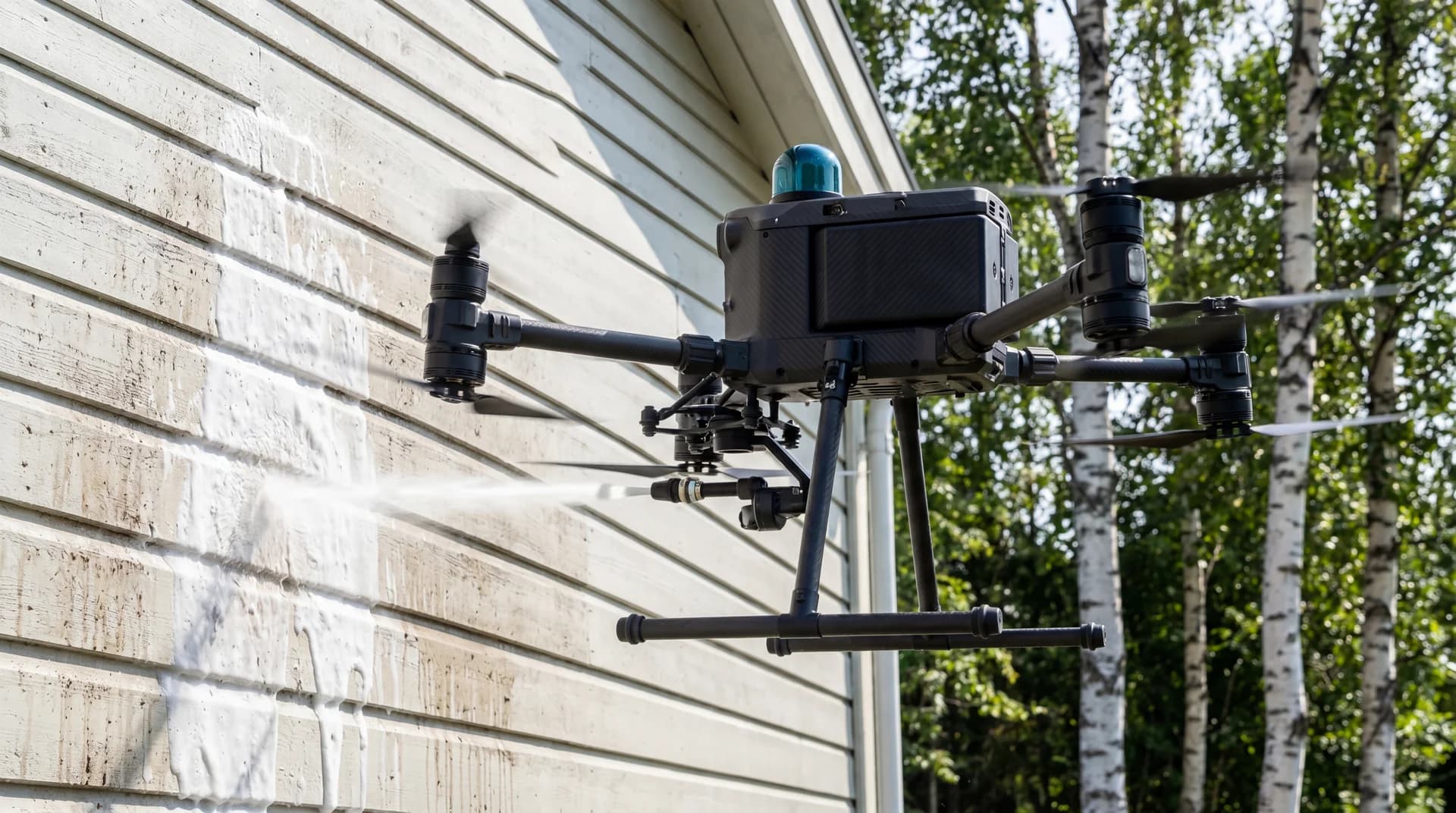 Dronevask av fasade med matte svart drone som sprayer vann mot norsk hus