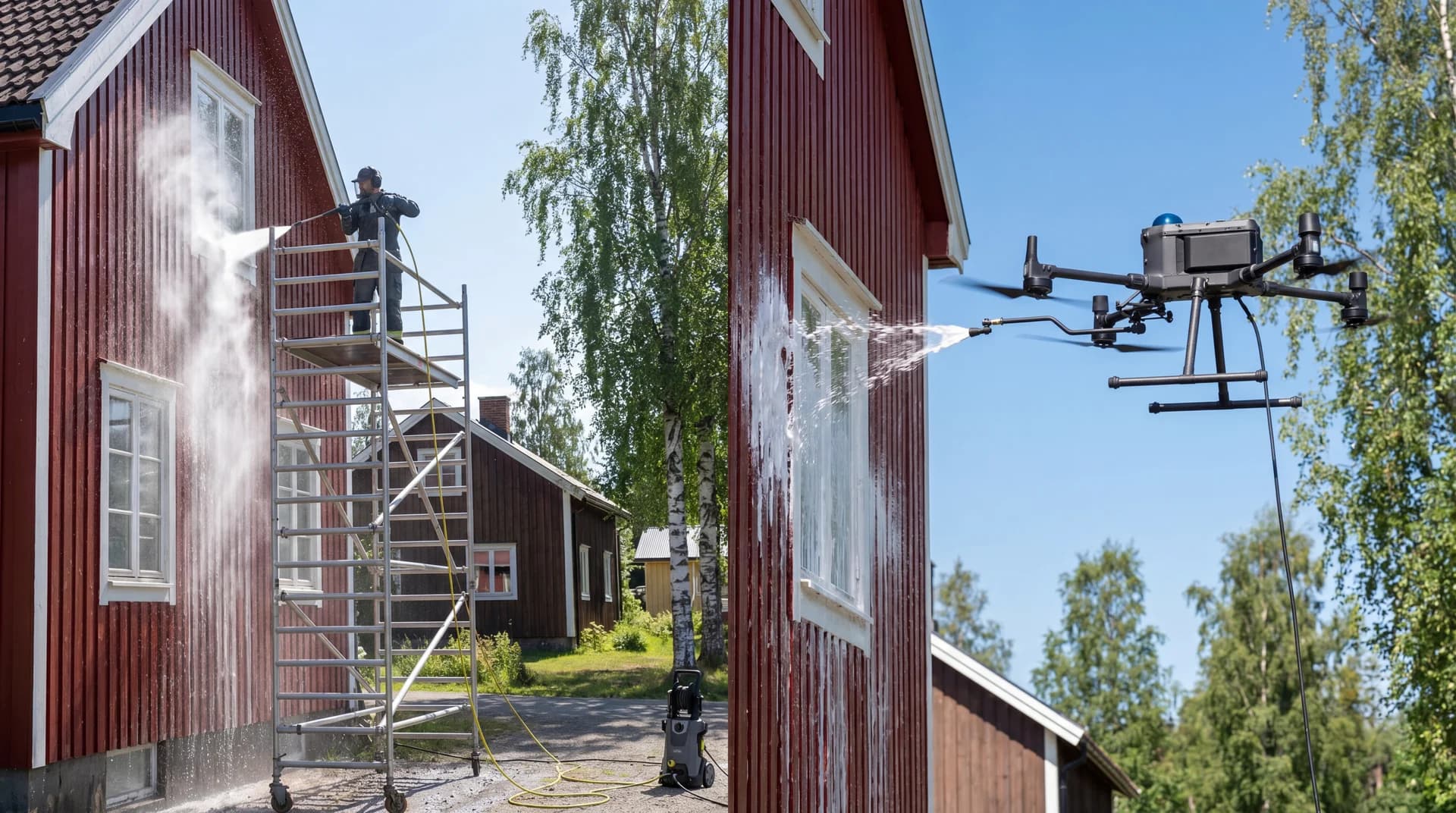 Høytrykksvask vs dronevask: Sammenligning av fasadevask i 2026