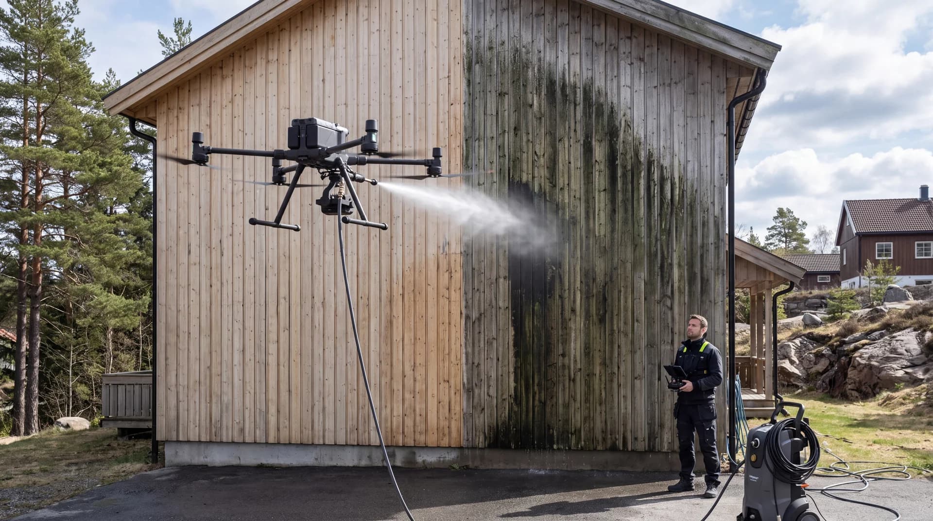 Utvendig husvask av bolig med drone, ren og skitten fasade side om side