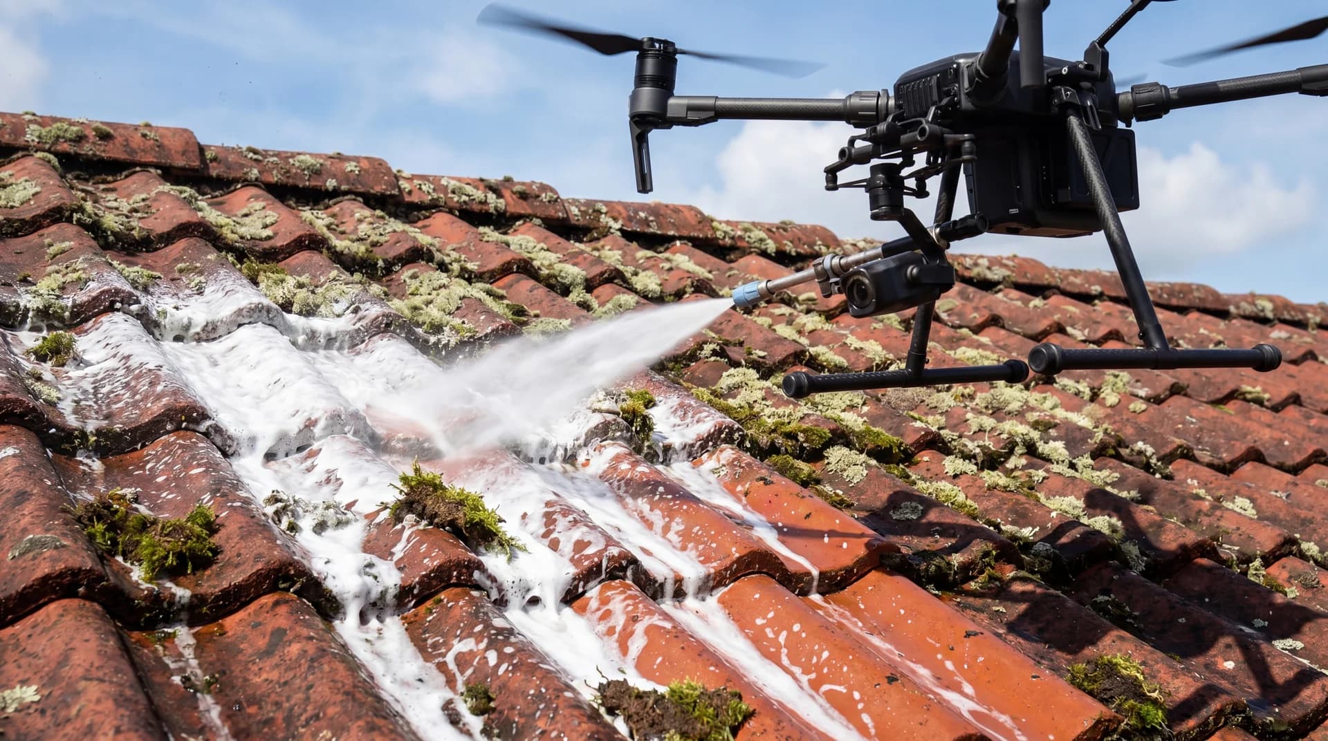 Nær bilde av røde takstein med lett mose som blir vasket med profesjonelt utstyr