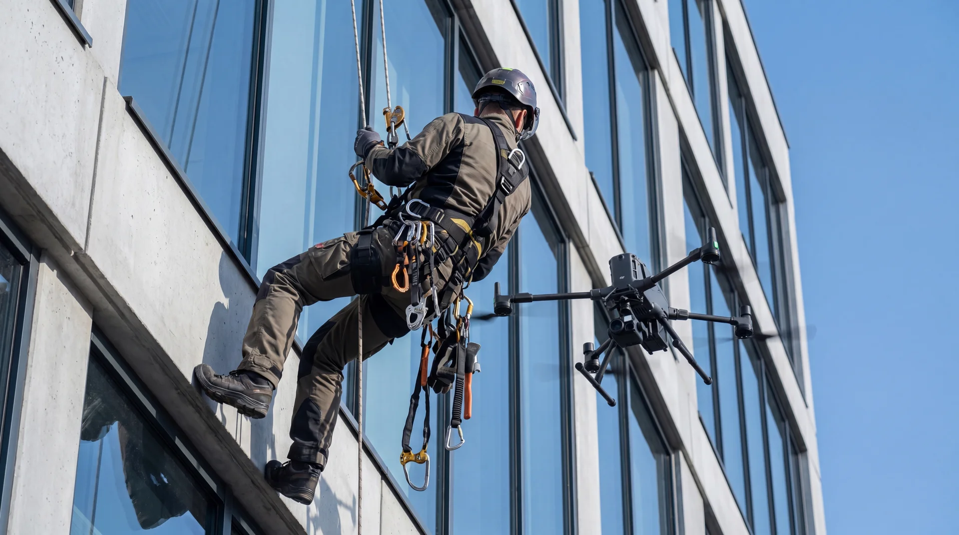 Rope access tekniker i sikkerhetsutstyr utfører vedlikehold på høy bygningsfasade