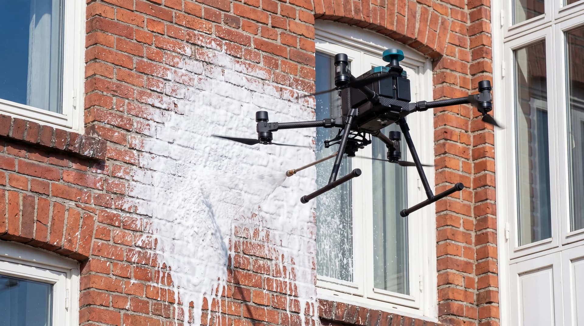 Drone utfører softwash på borettslag med synlig hvit såpeskum som renner ned fasaden