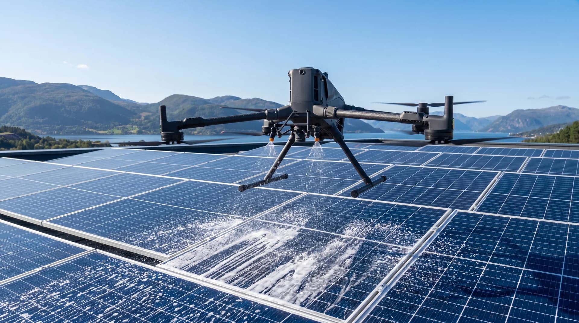 Drone som rengjør solcellepaneler på næringsbygg med synlig såpeskum på paneloverflaten