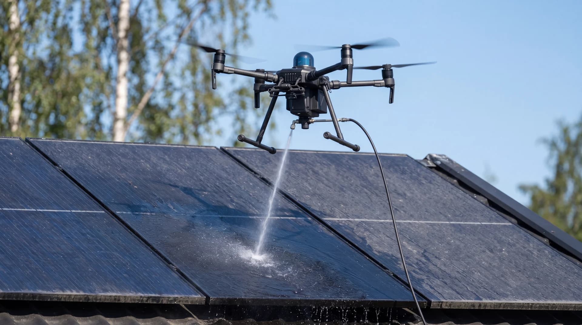 Sammenligning av rene og tilsmusset solceller på norsk tak med drone som vasker panelene