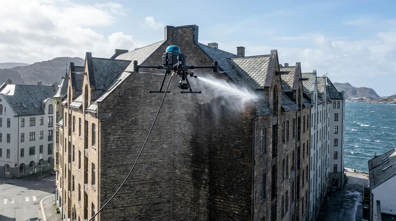 Dronevask av takvask på næringsbygg i Ålesund