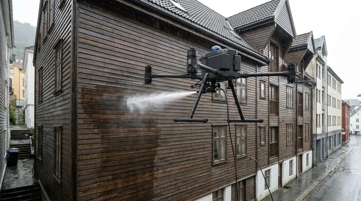 Dronevask av takvask på næringsbygg i Bergen