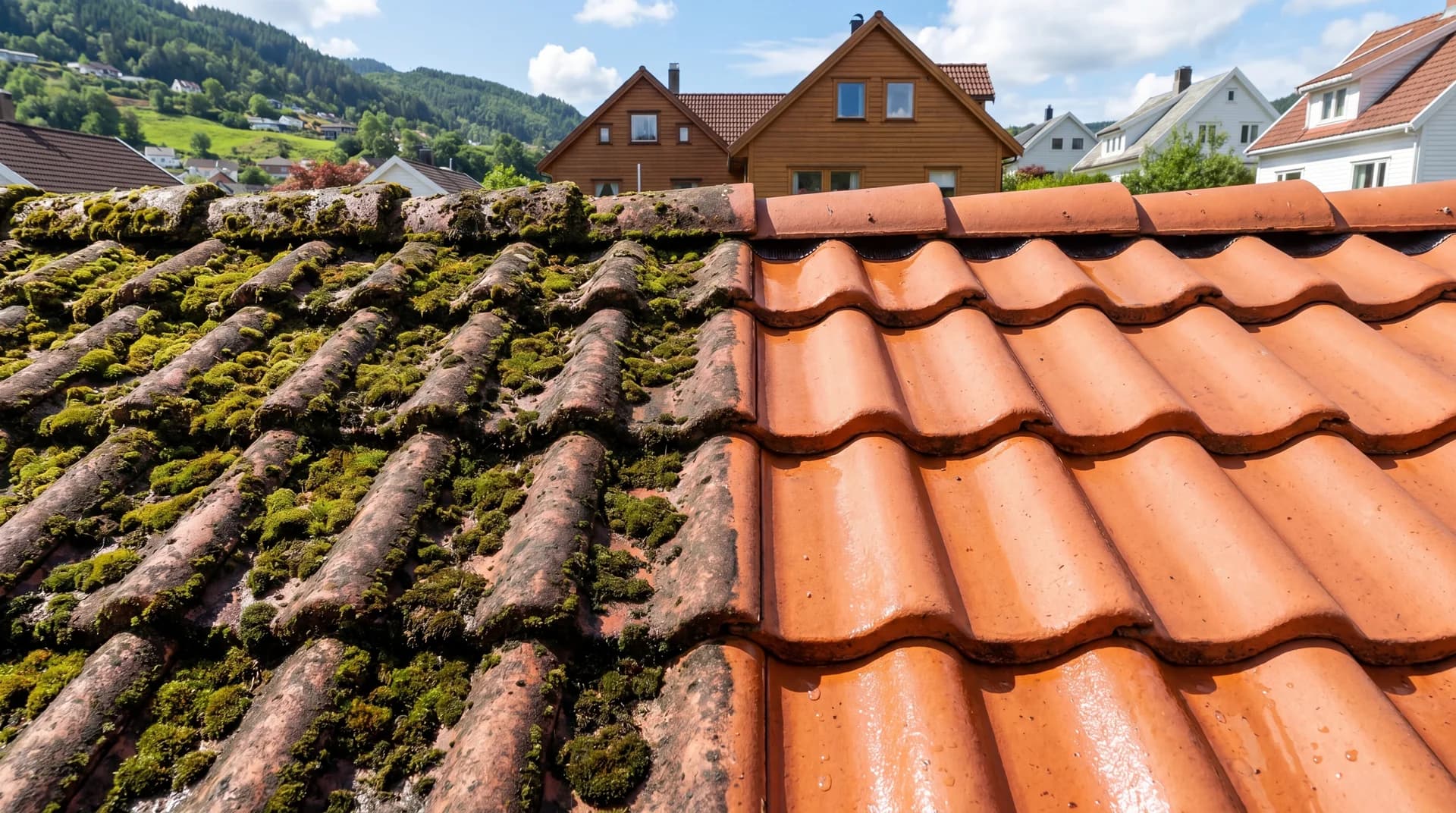 Sammenligning av takstein før og etter takvask, viser fjerning av mose og alger