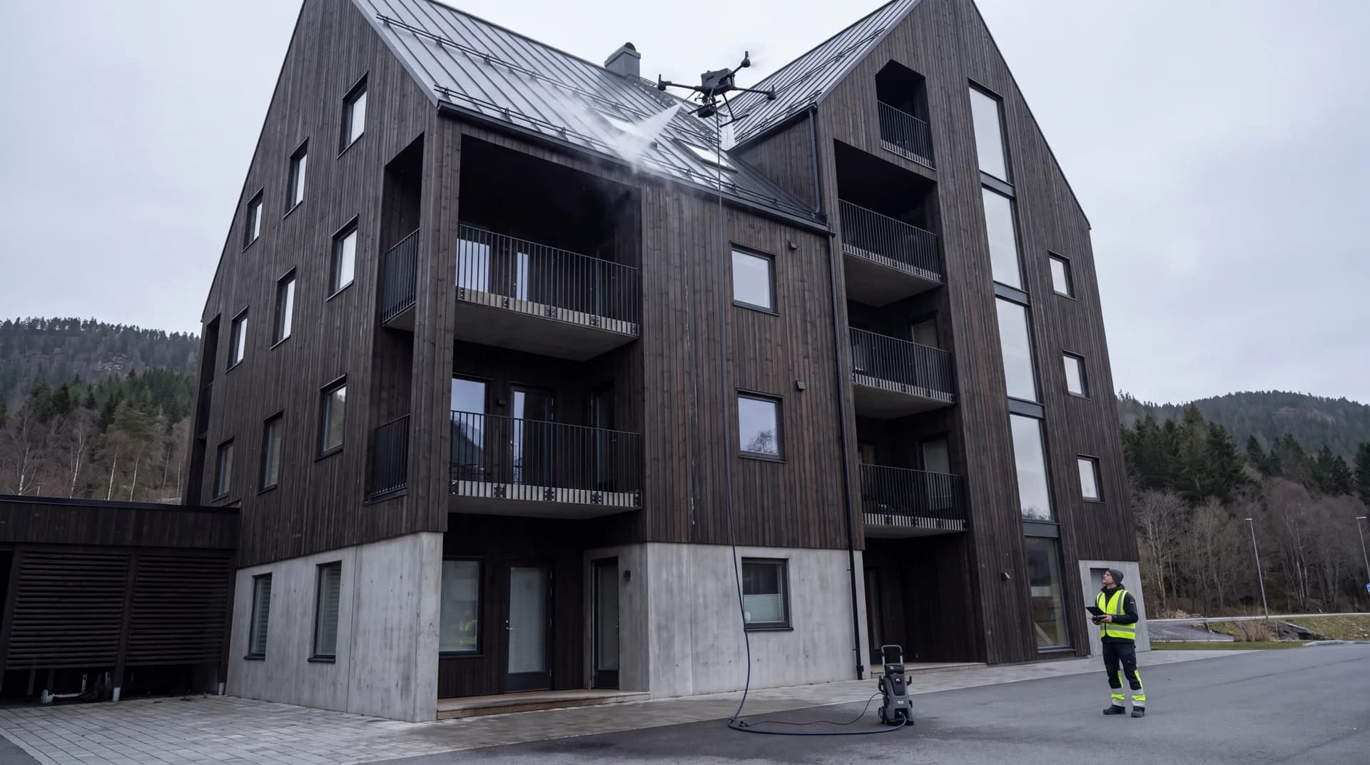 Dronevask av tak på boligblokk, operatør styrer dronen fra bakken