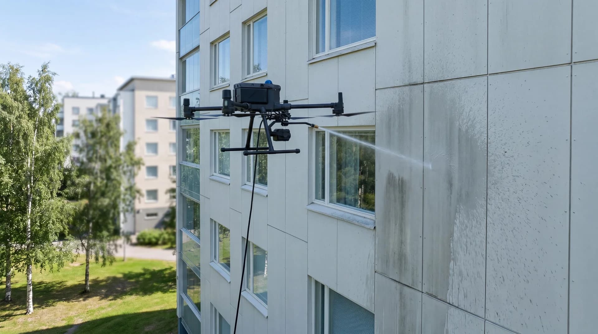 Dronevask av borettslag-blokk i moderne skandinavisk stil
