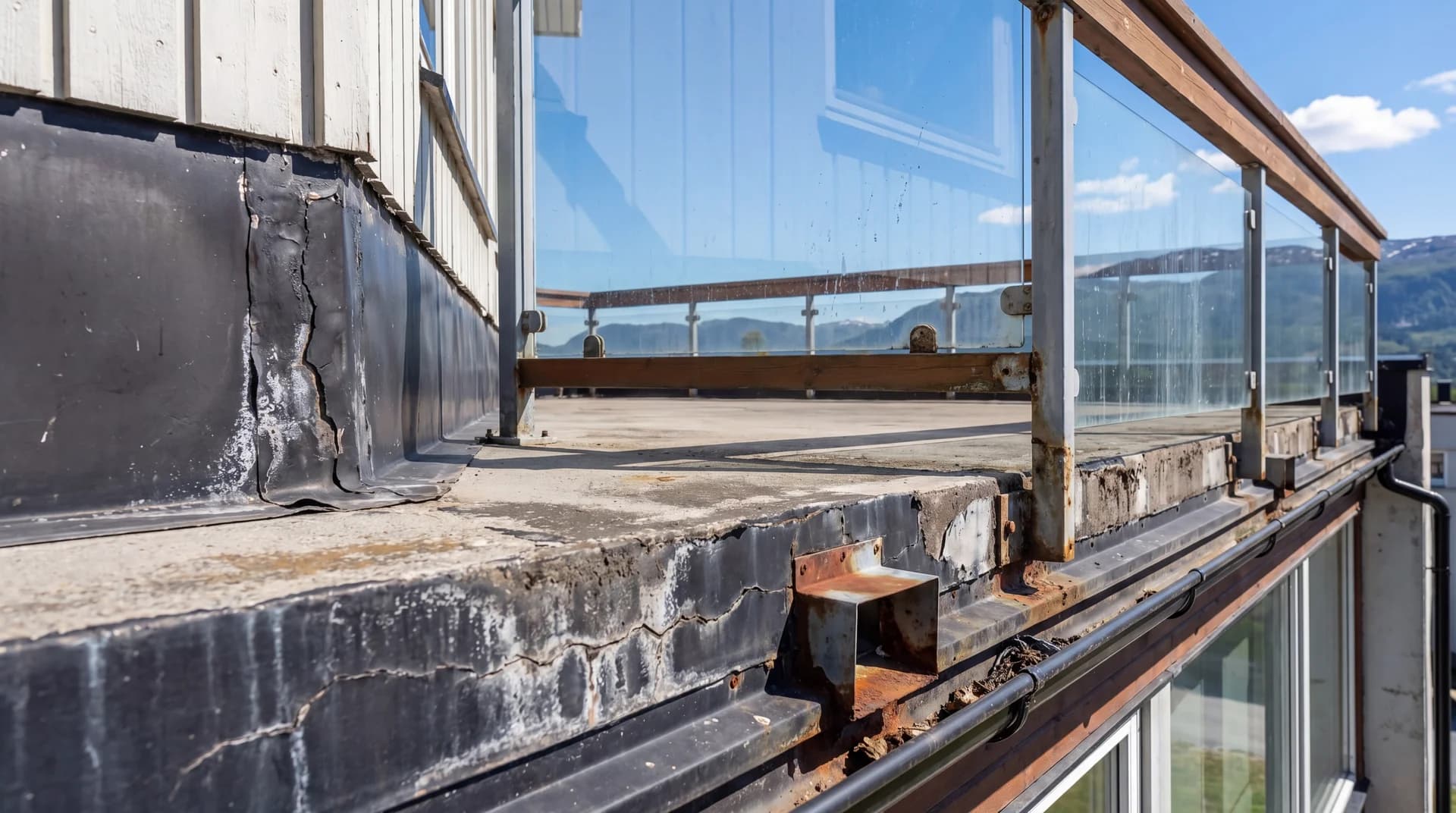 Detaljert bilde av norsk balkongkonstruksjon med glass og strukturelle elementer