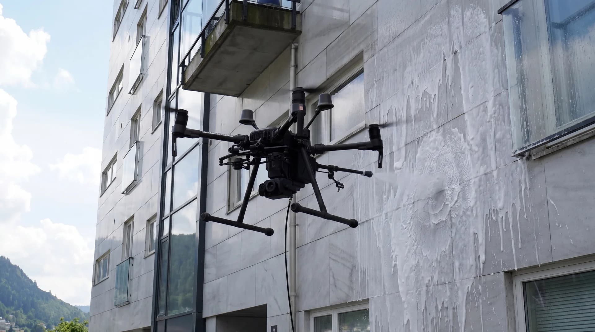 Drone utfører fasaderengjøring på borettslag med synlig såpeskum som renner ned veggen