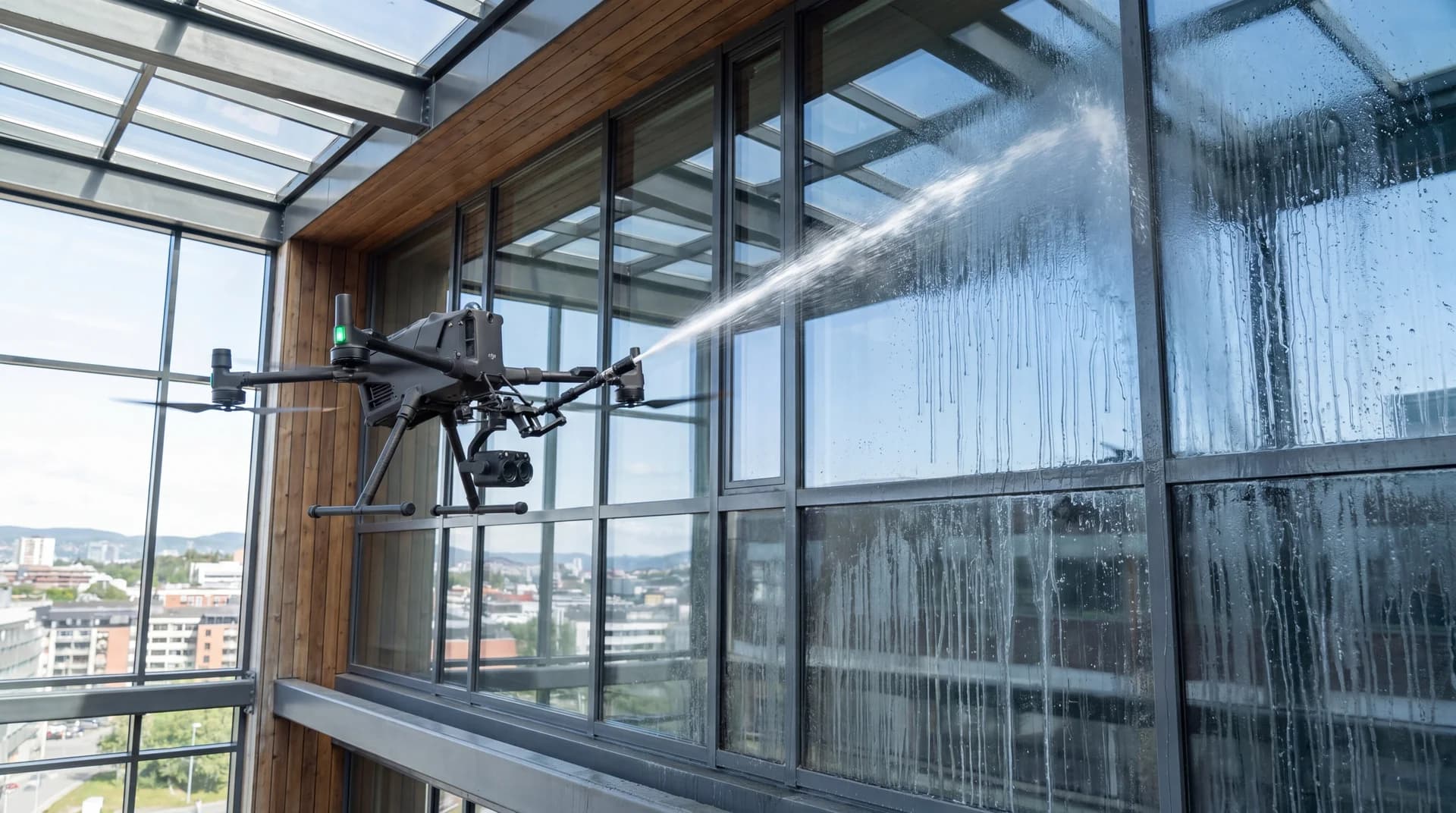 Drone som utfører profesjonell vindusvask på moderne kontorbygg med synlig vannspray og rengjøringsresultat