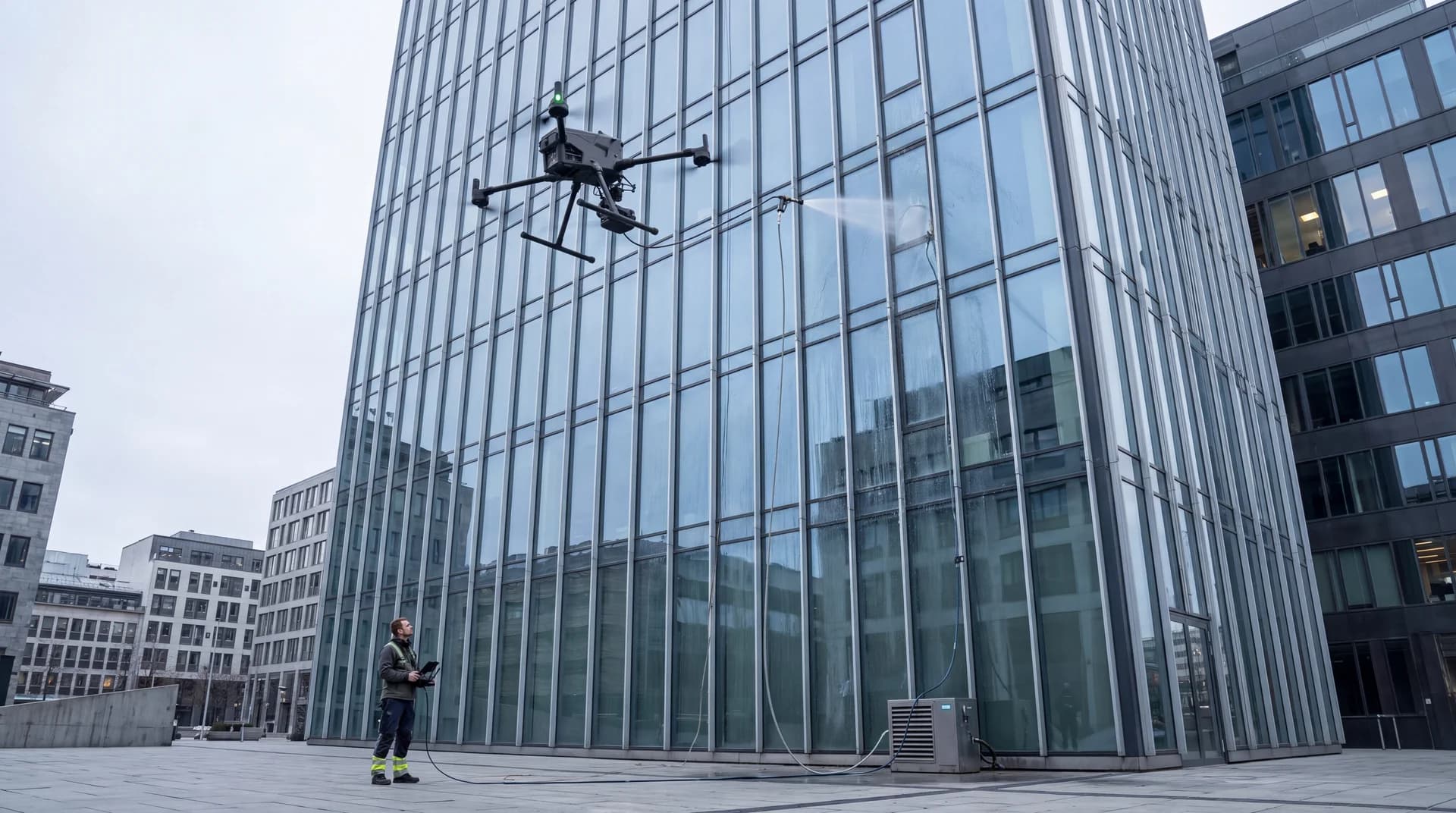 Vindusvask med drone på høyt kontorbygg, operatør på bakken