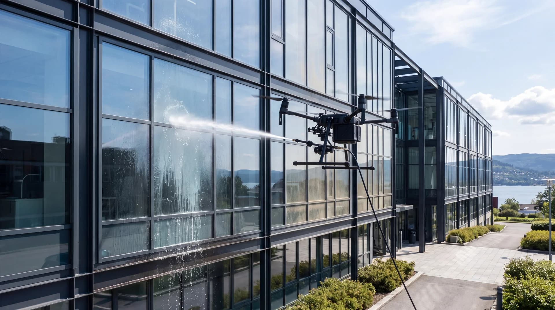 Næringsbygg som mottar planlagt utvendig vedlikehold via drone