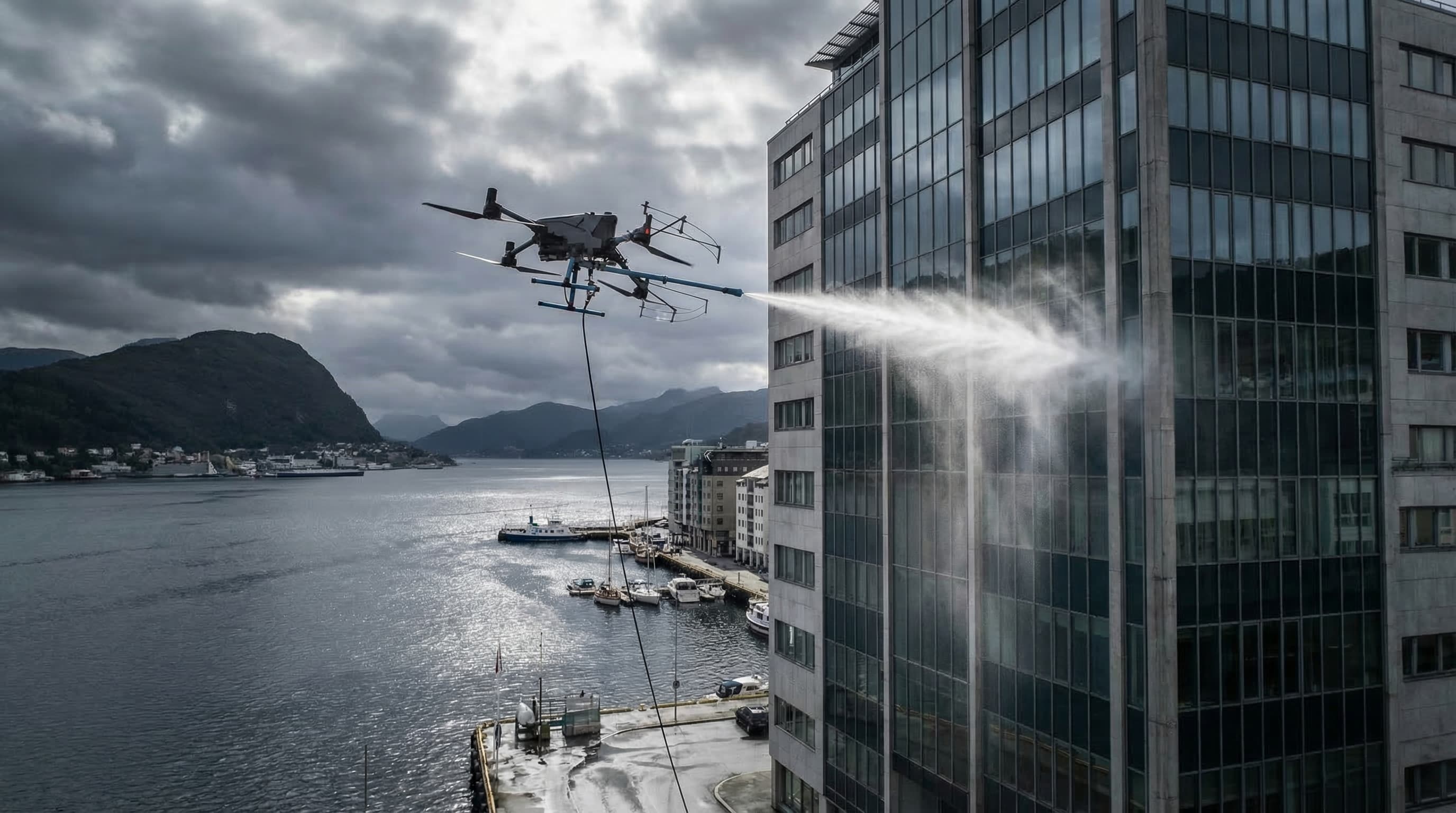 Drone som vasker næringsbygg i norsk by