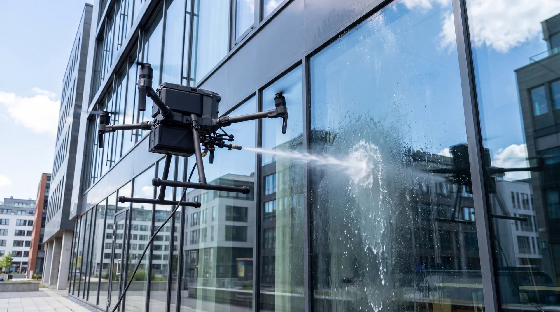 Drone vasker fasade på et bygg
