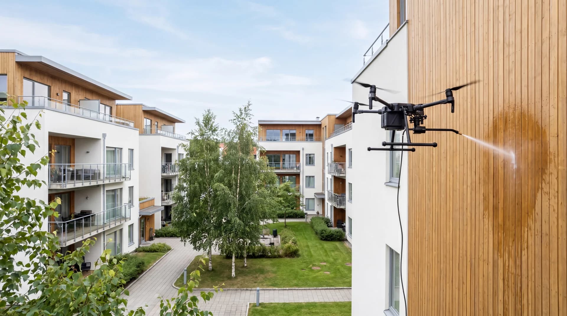 Drone som vasker fasaden på en bygning — dronevasking uten stillas