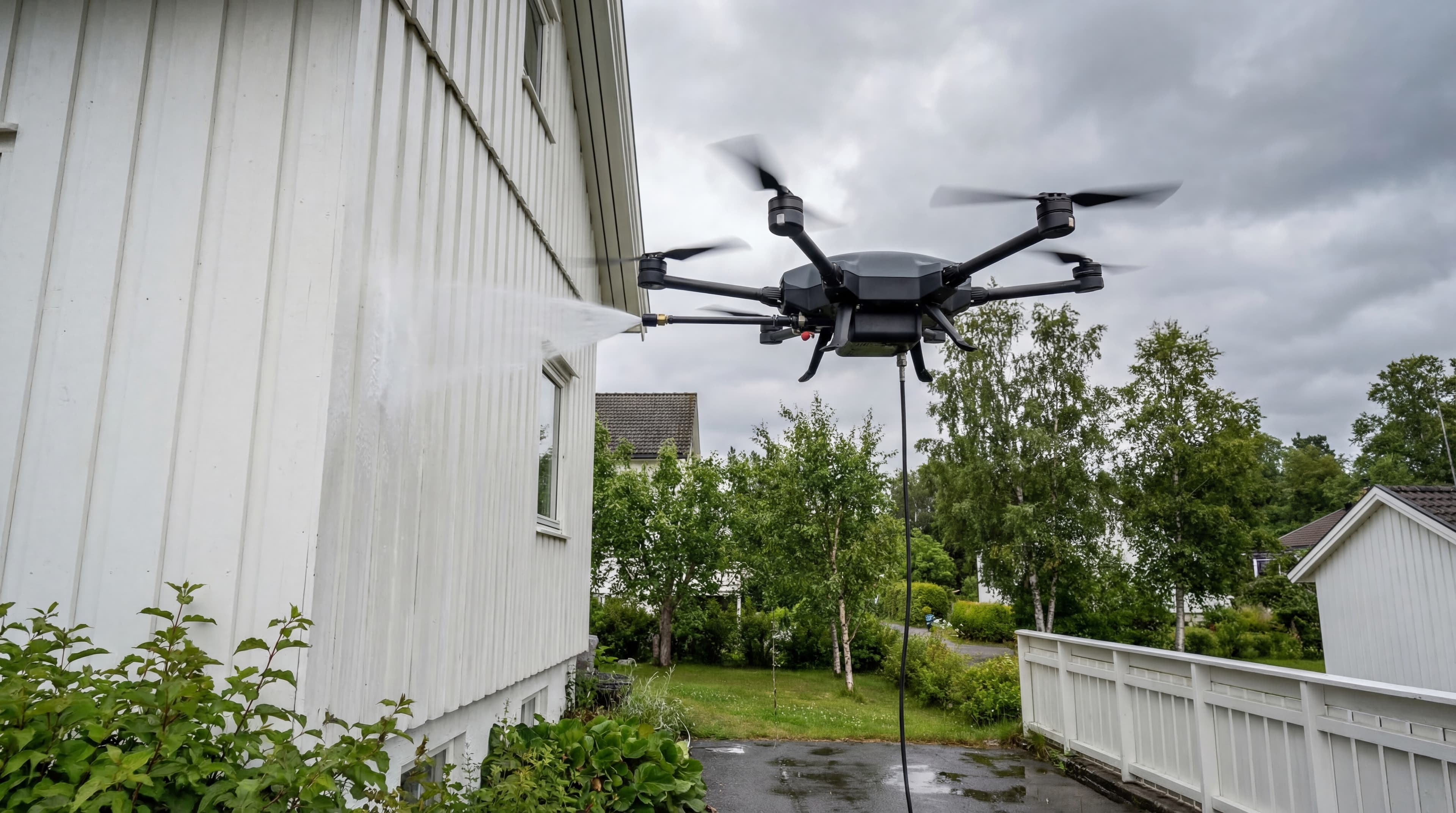 Drone som vasker fasaden på et norsk bolighus