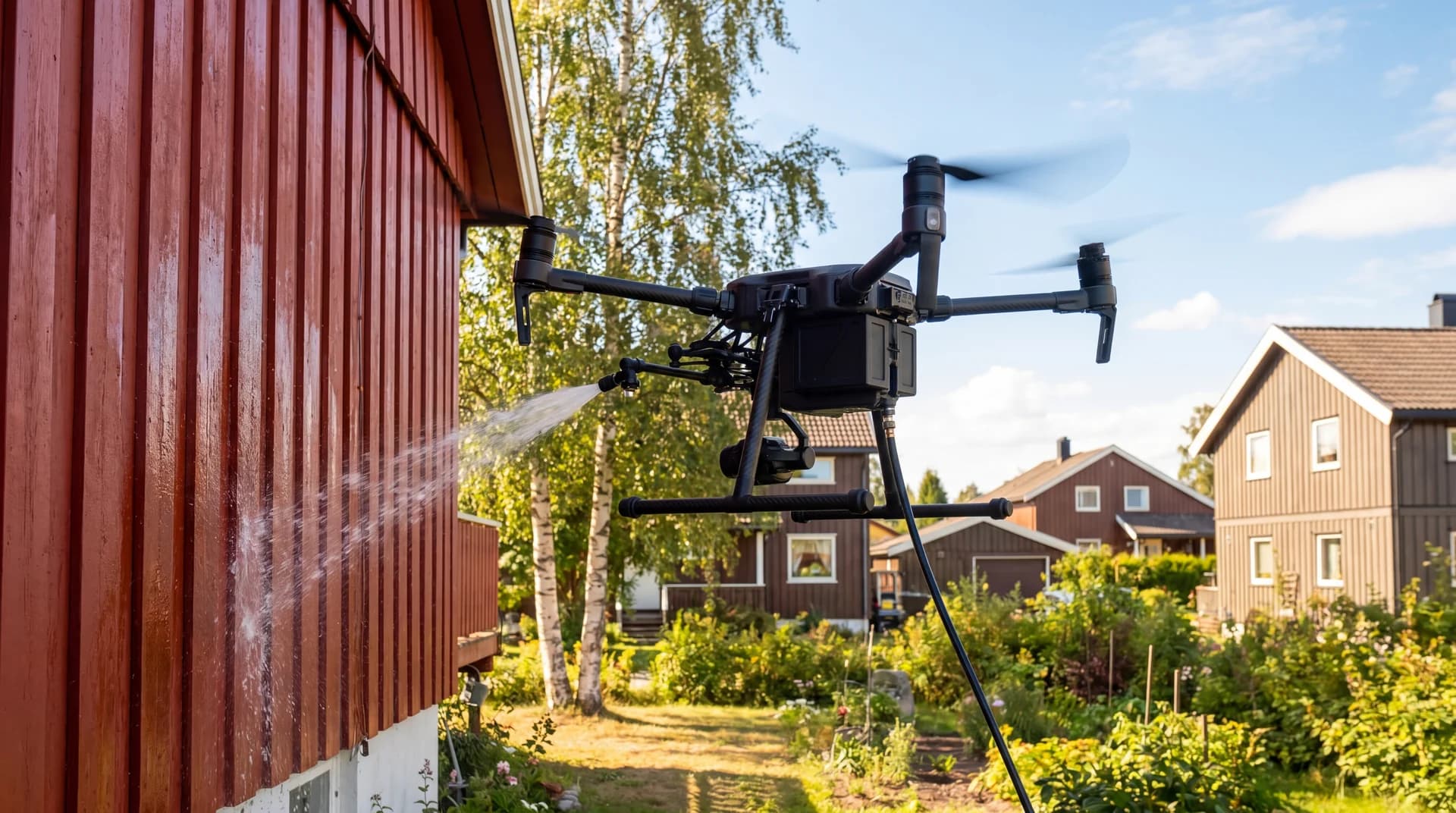 Drone som vasker fasaden på et norsk bolighus