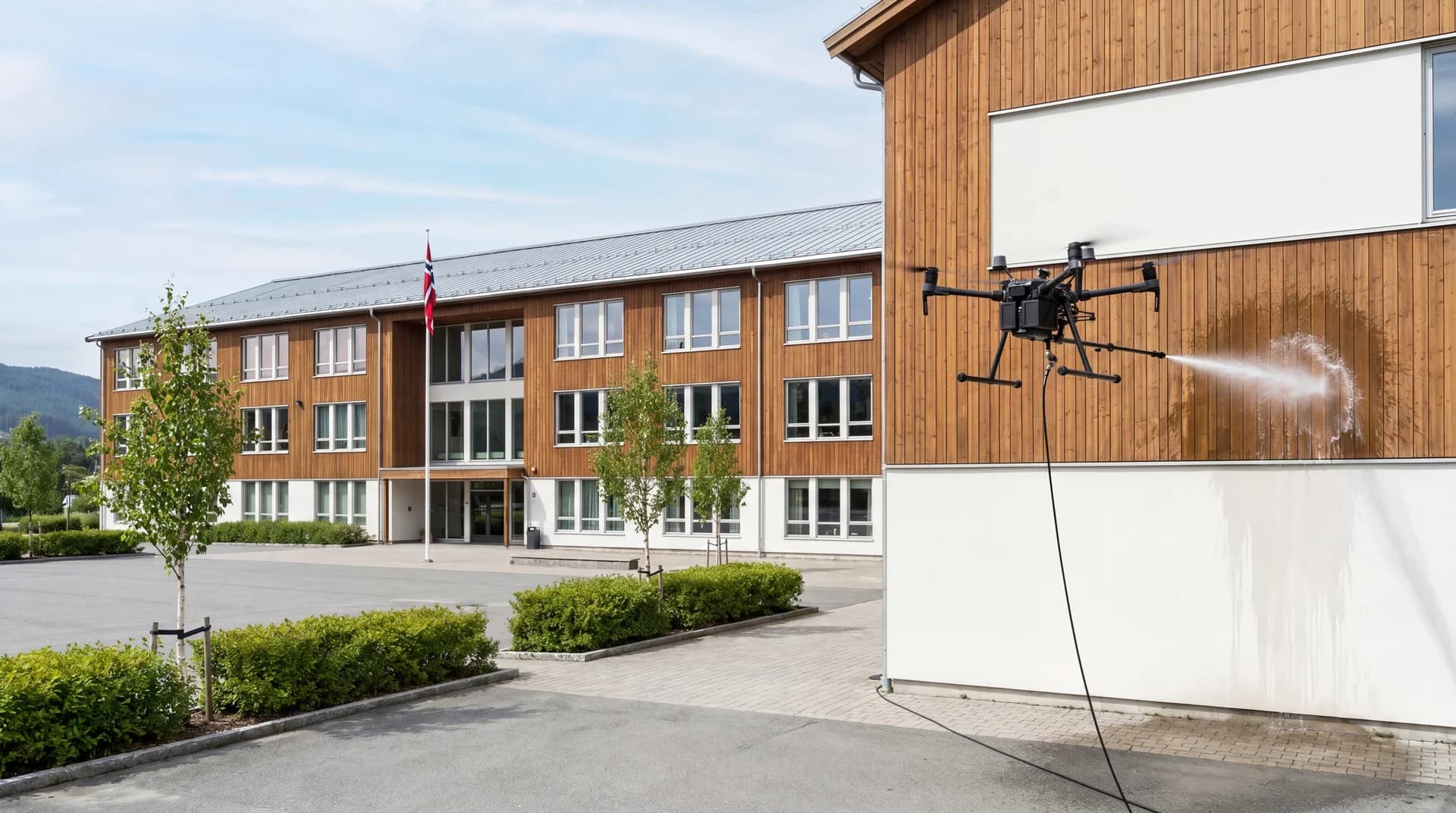 Dronevask av skolebygg — trygt for bygg i bruk, utført utenom åpningstid.