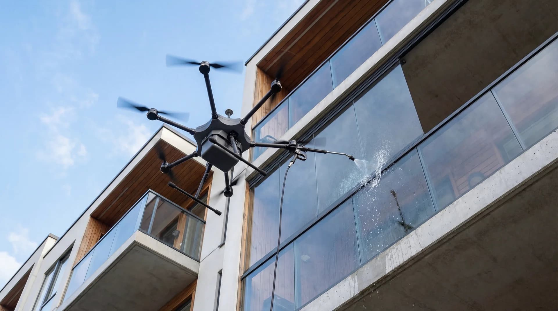 Drone som vasker fasaden på et bygg i Norge.