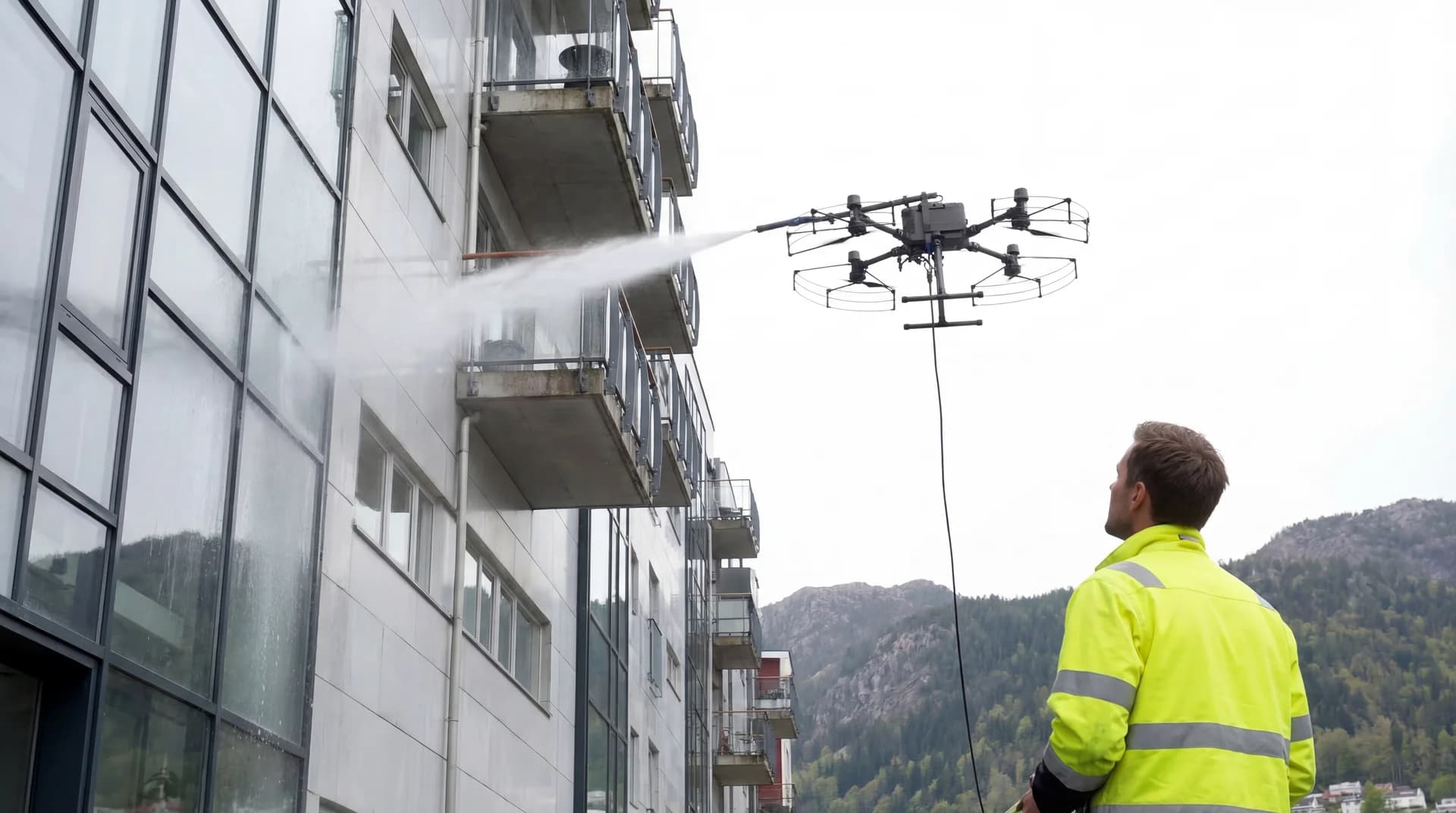 Droneoperatør vasker fasade med drone
