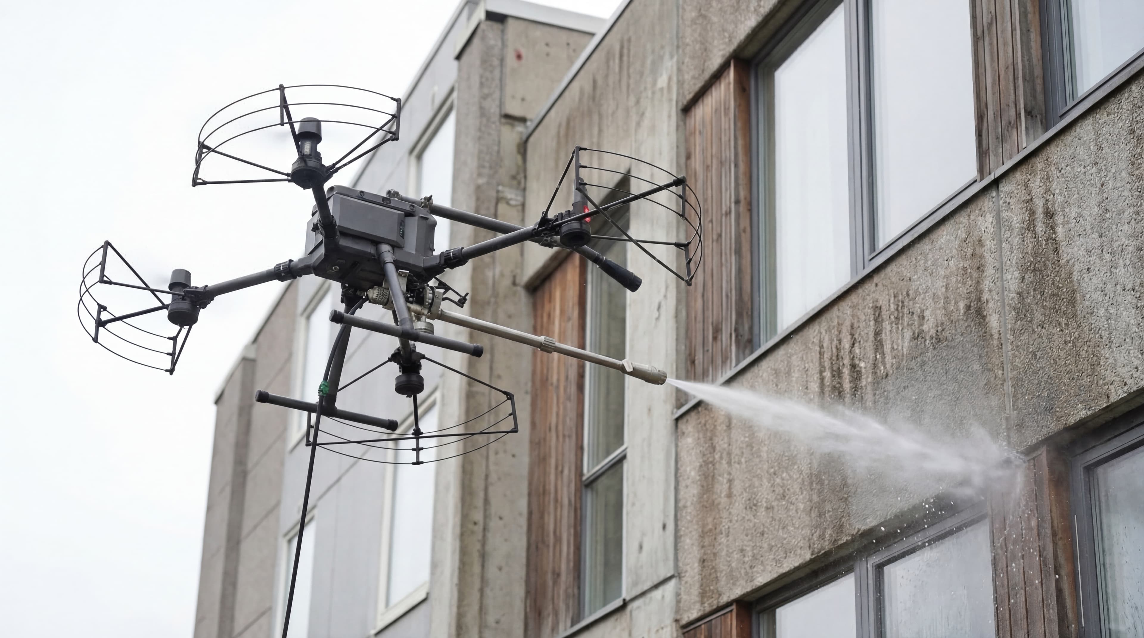 Drone som vasker bygningsfasade