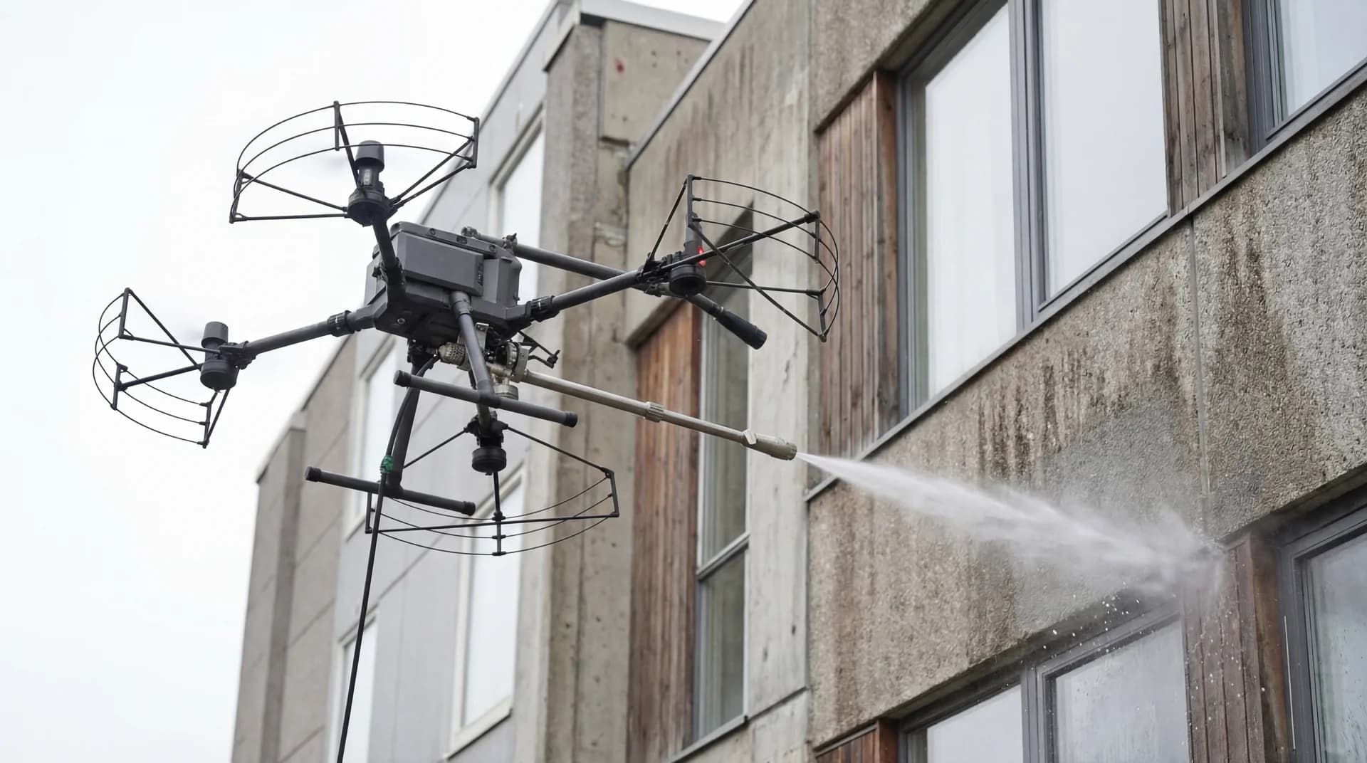 Drone som vasker bygningsfasade