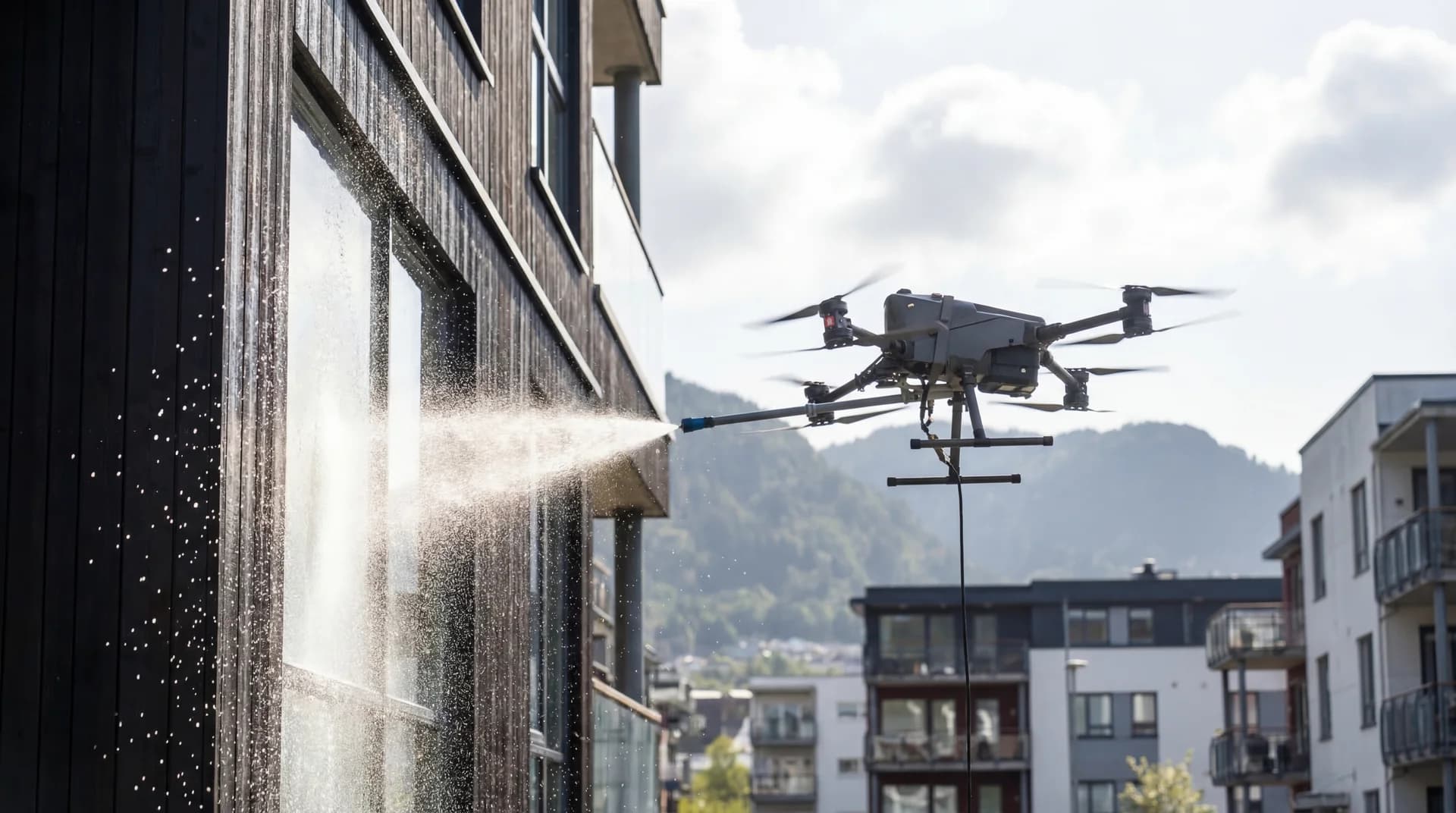 Drone i ferd med å vaske en fasade
