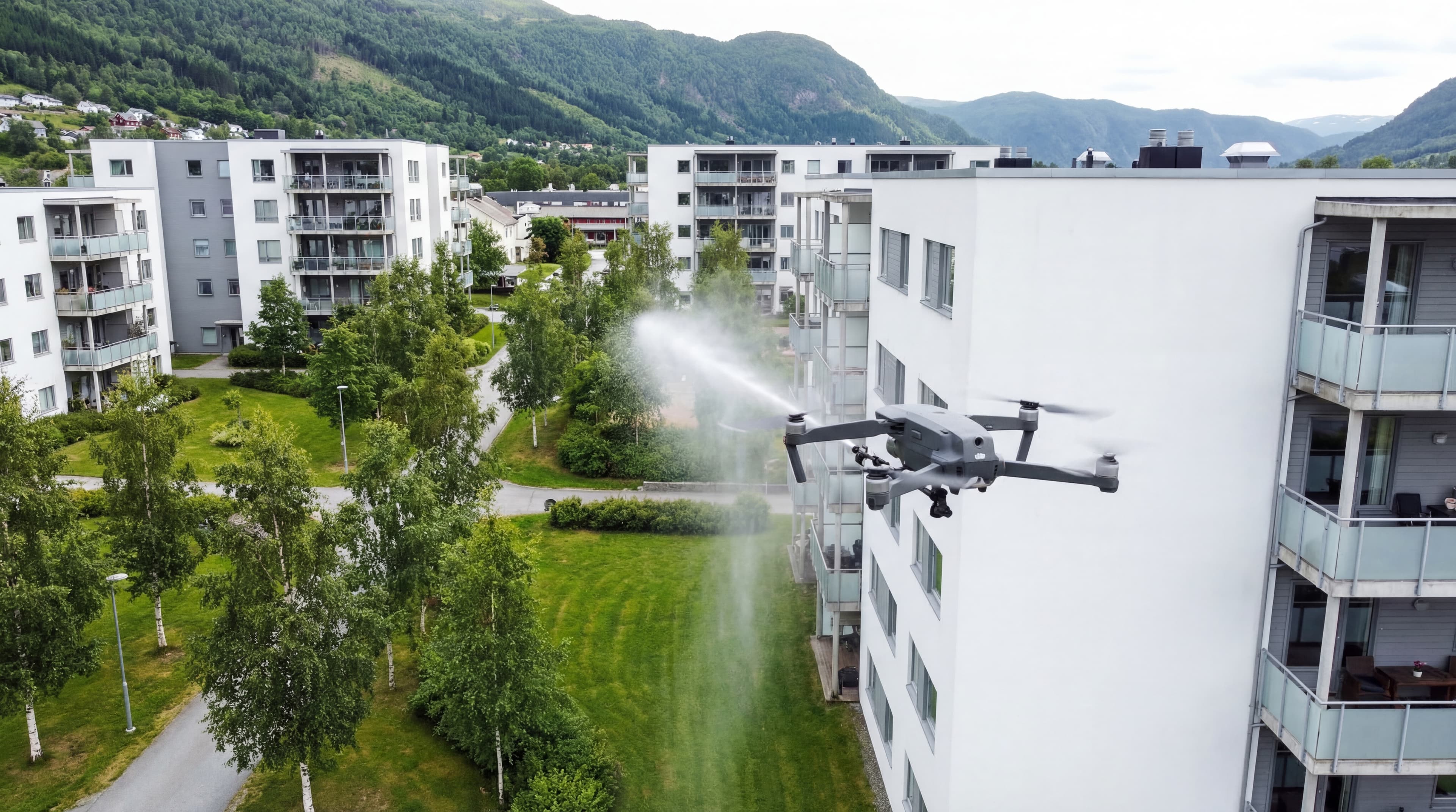 Drone som vasker fasaden på et norsk borettslag på en solrik dag.