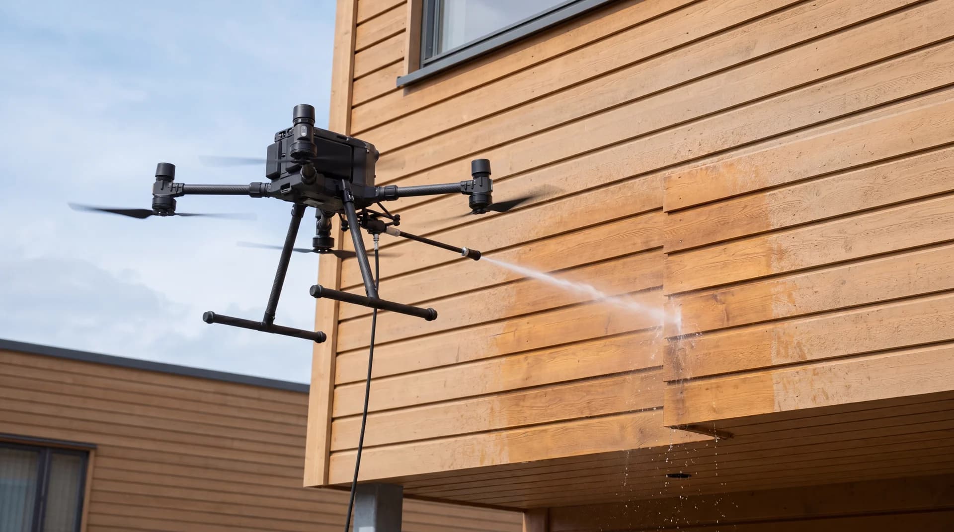 Drone som vasker fasaden på et moderne kontorbygg med høytrykksspray.